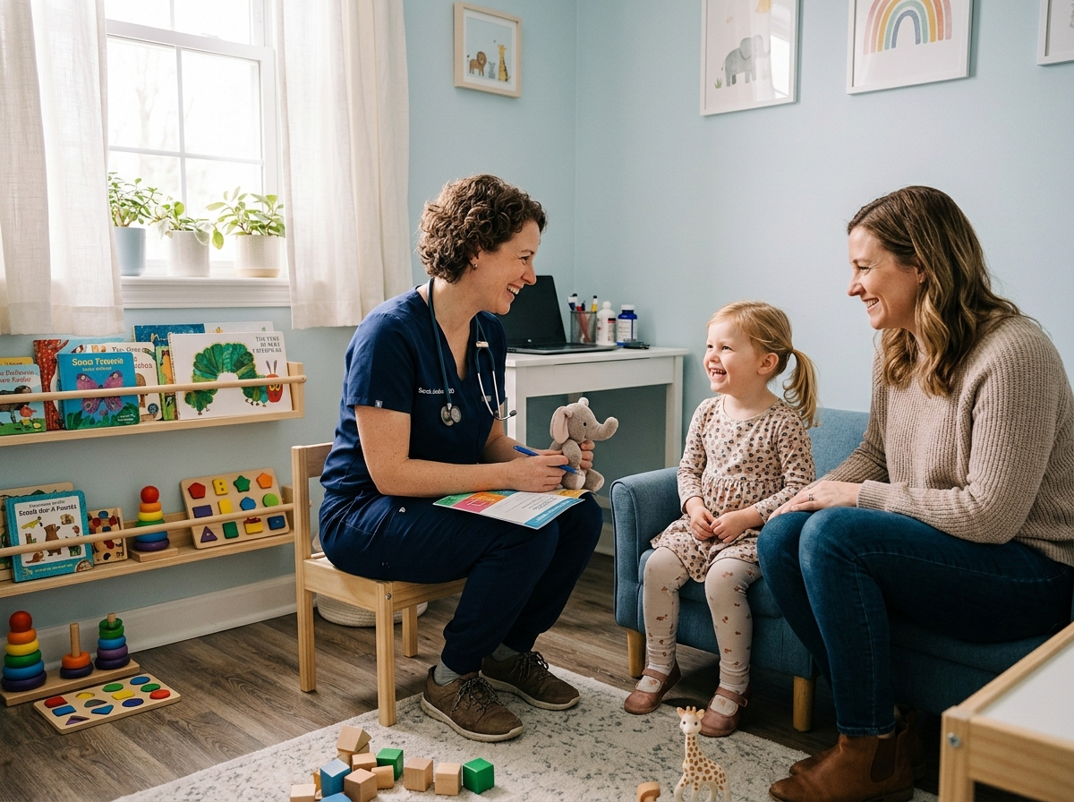 A child talking comfortably with a clinician