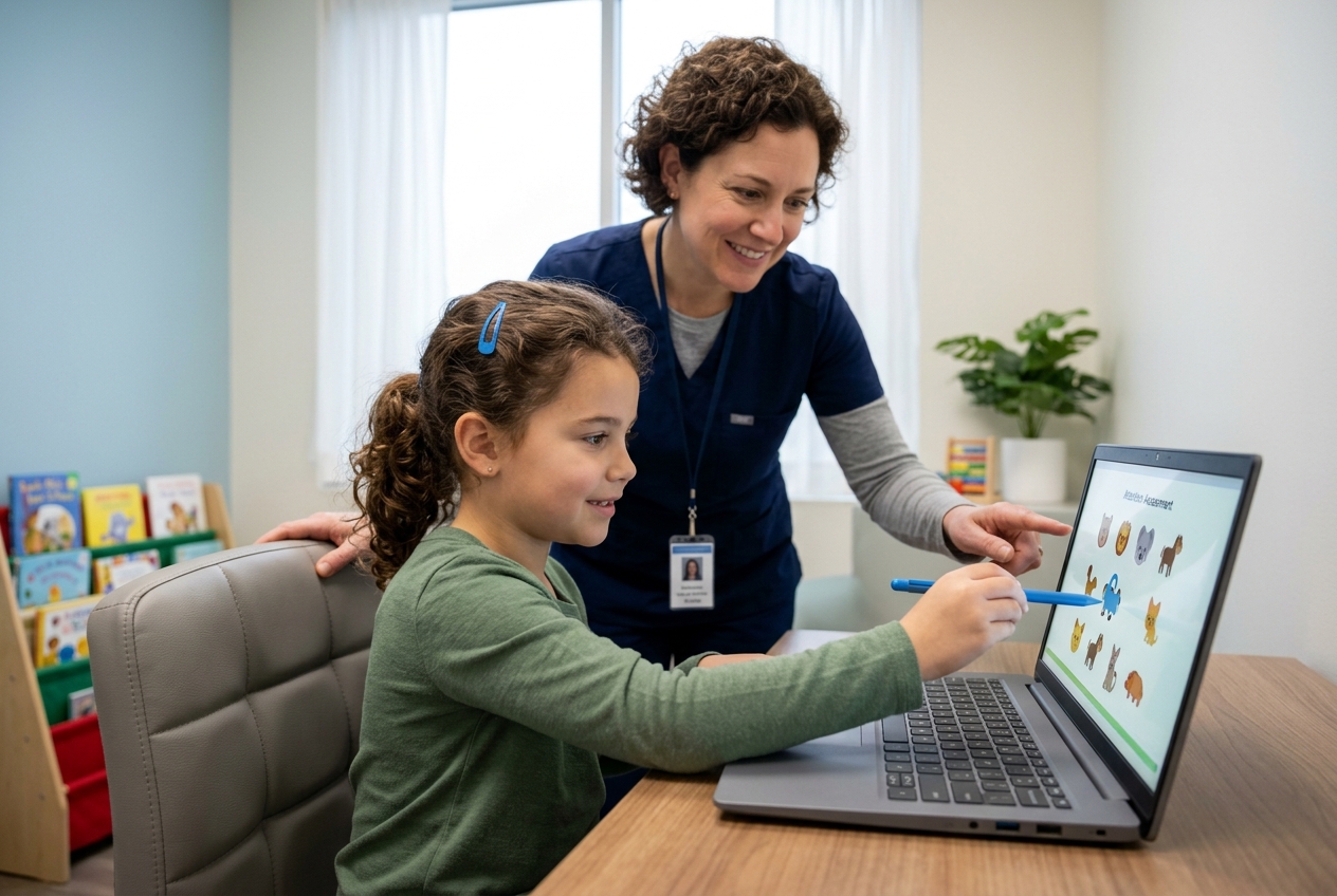 Clinician and child during an attention assessment