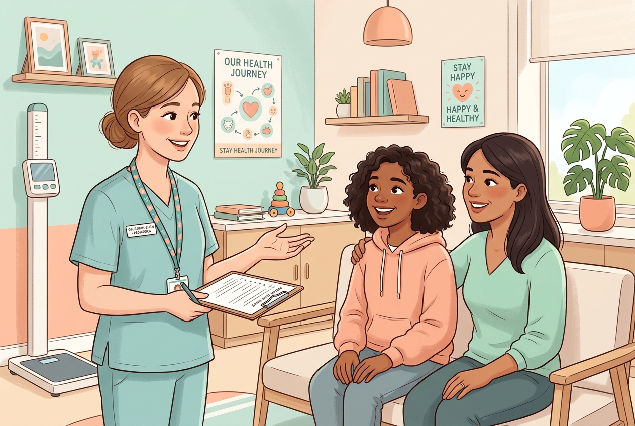 Friendly illustration of a child's assessment appointment
